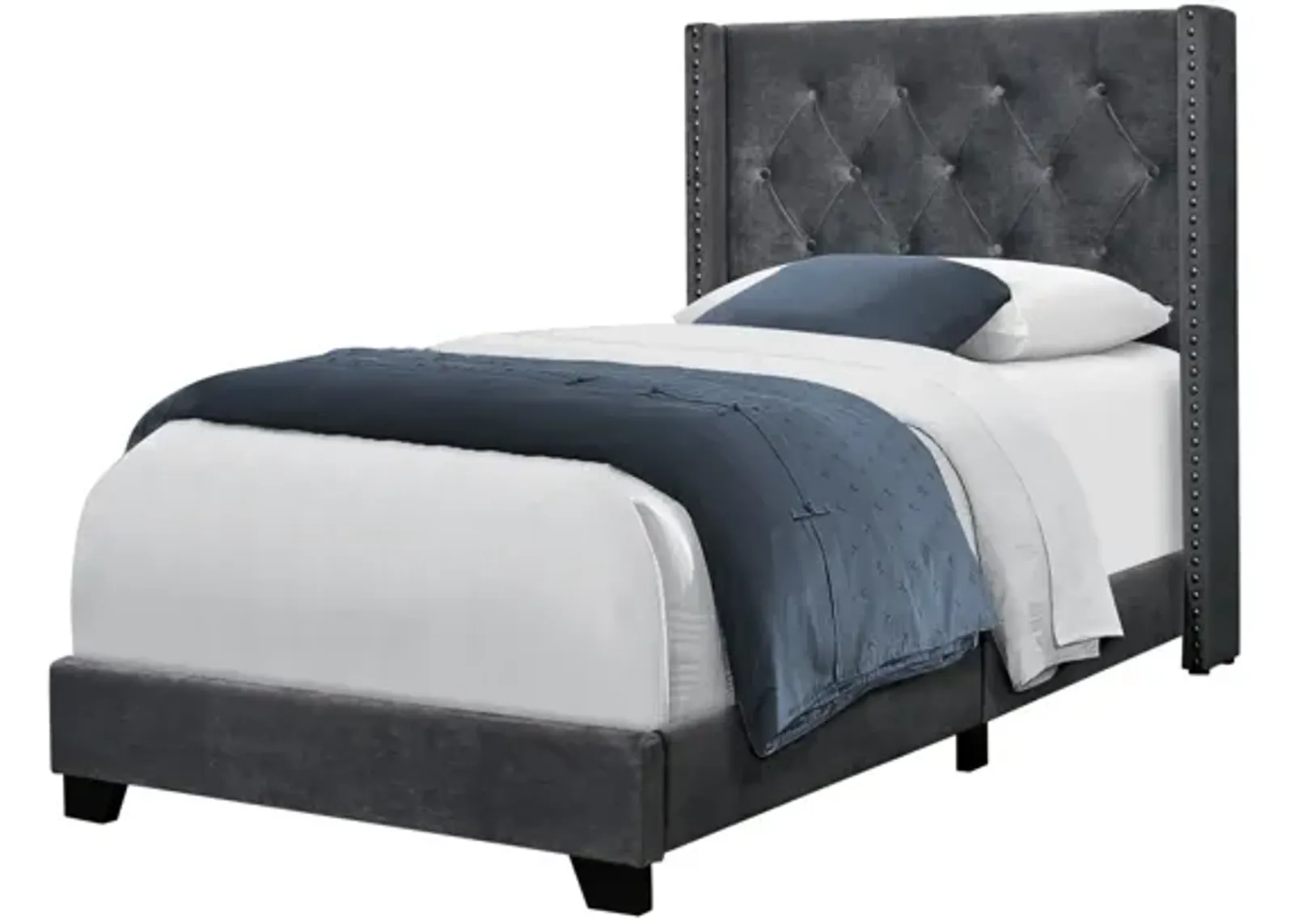 Bed - Twin Size / Dark Grey Velvet With Chrome Trim