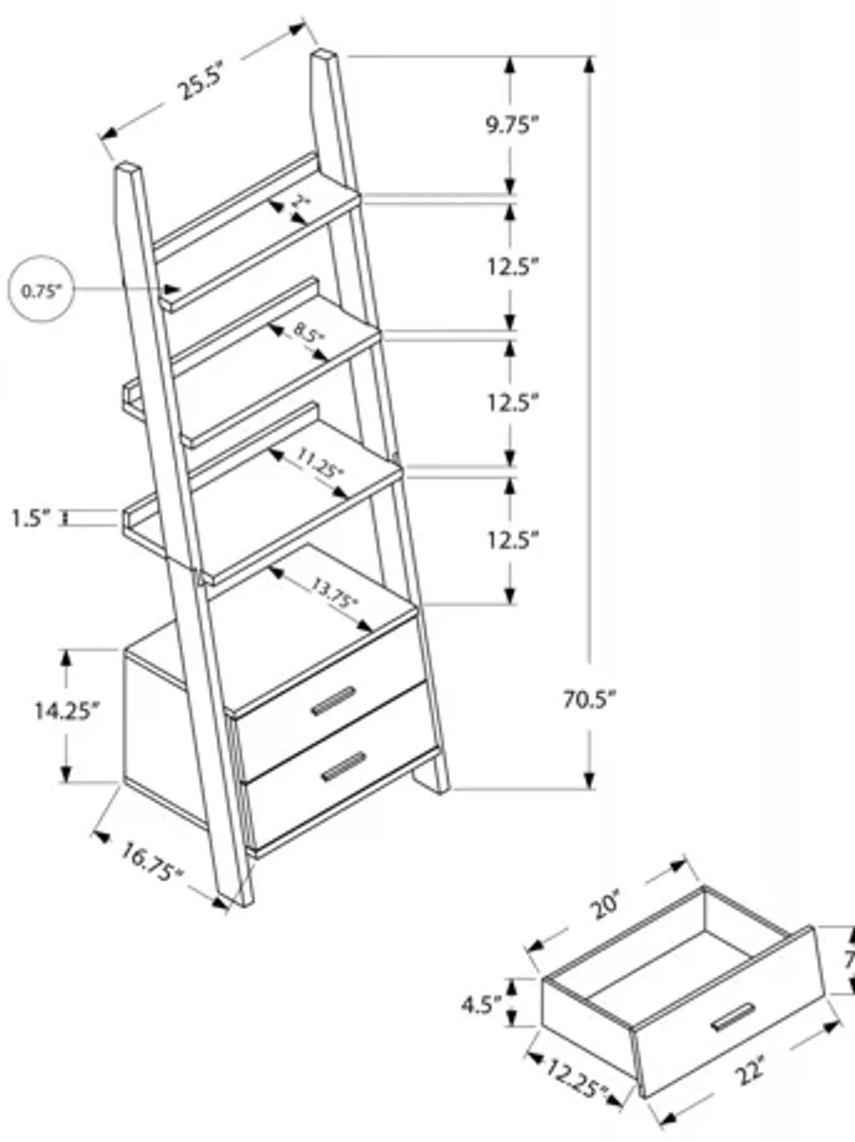 Grey and White Ladder Bookcase with Storage Drawers