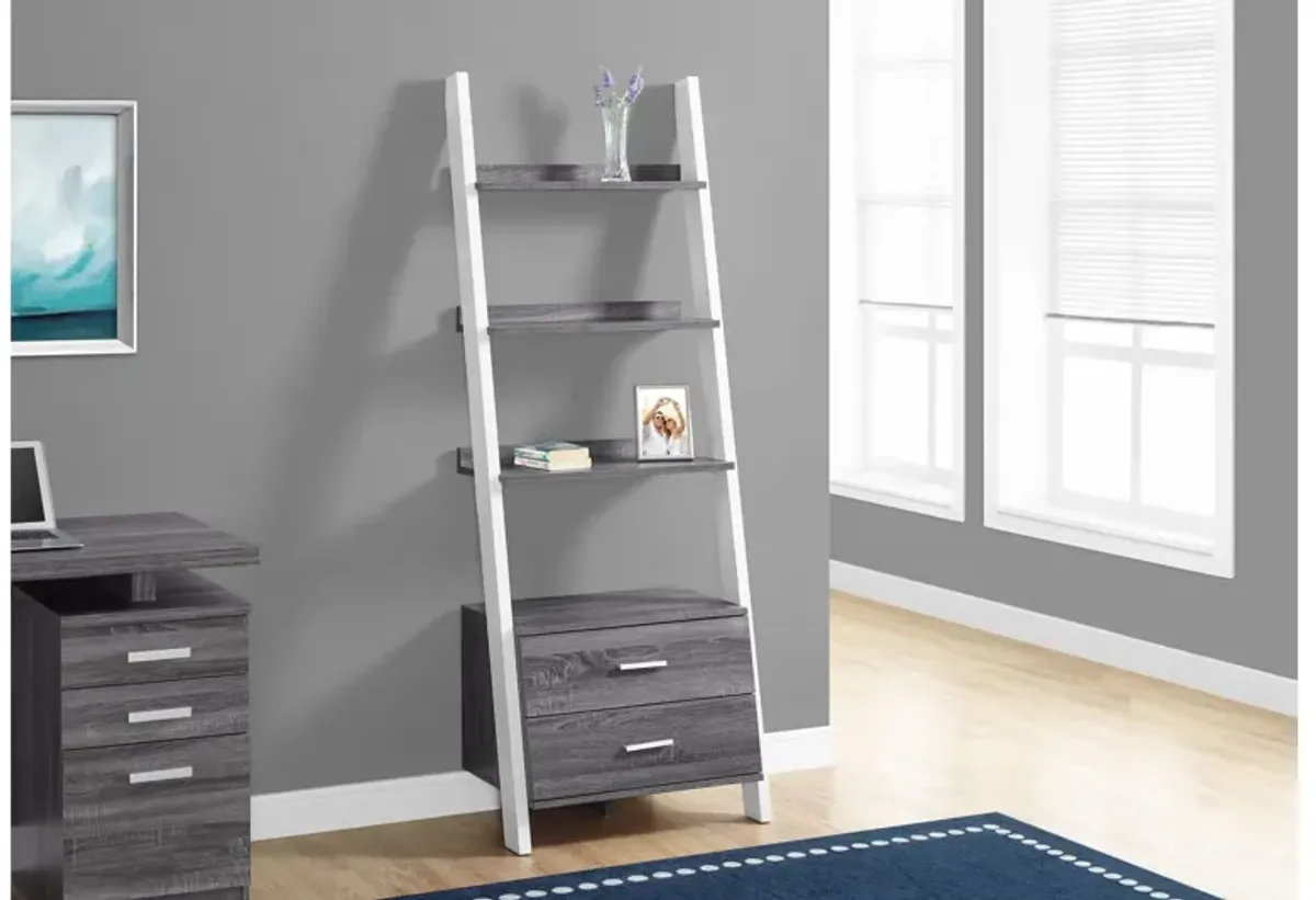 Grey and White Ladder Bookcase with Storage Drawers