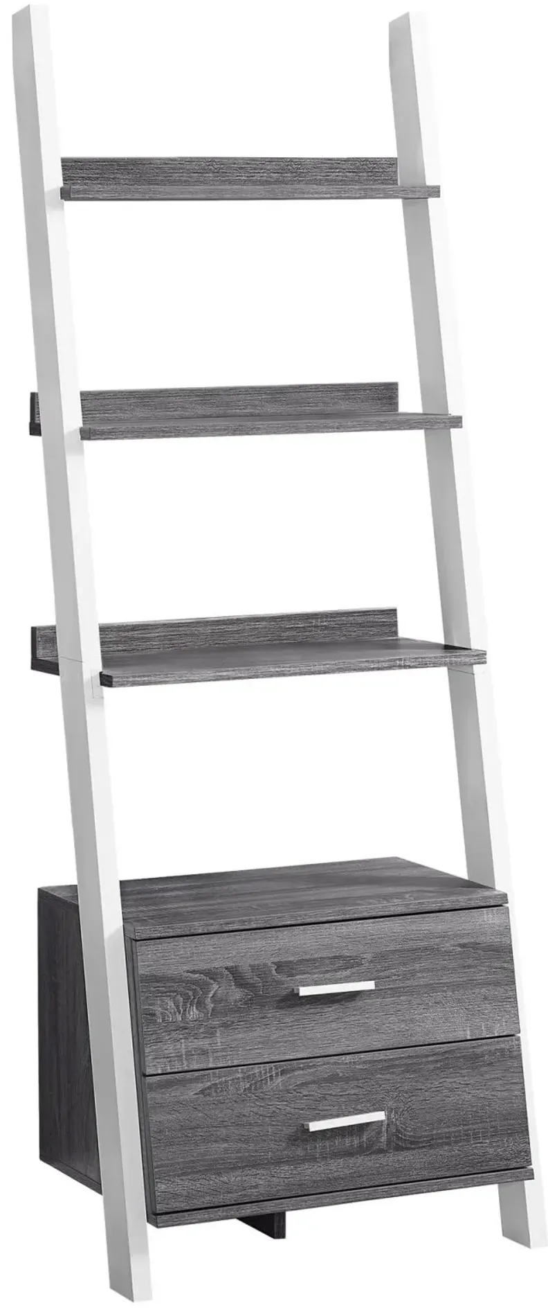 Grey and White Ladder Bookcase with Storage Drawers