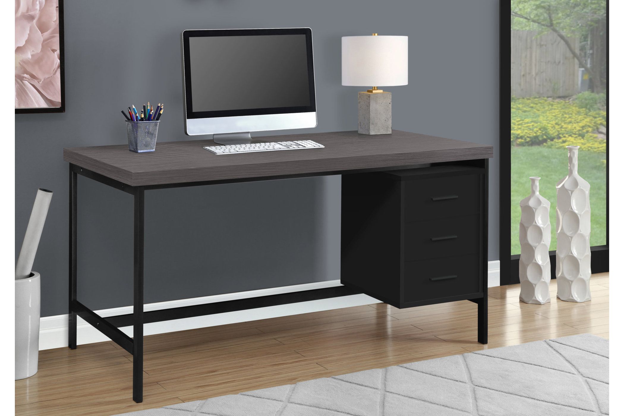 Hopewell 60" Grey Computer Desk with Black Metal Frame