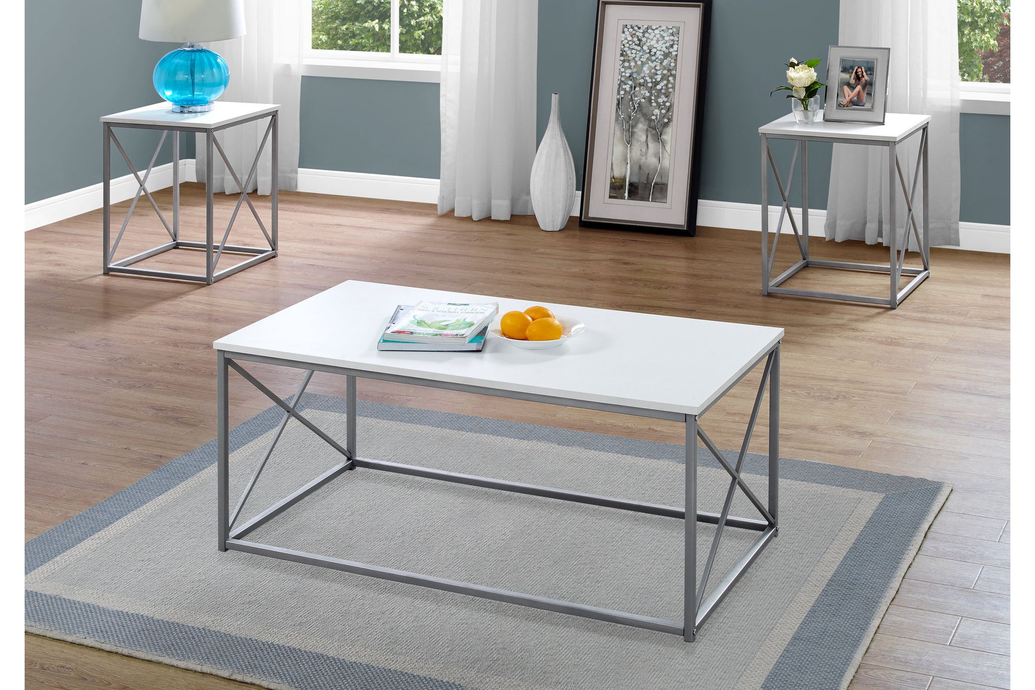 White and Silver Metal 3Piece Table Set