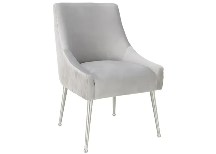 Beatrix Pleated Light Grey Velvet Side Chair - Silver Legs