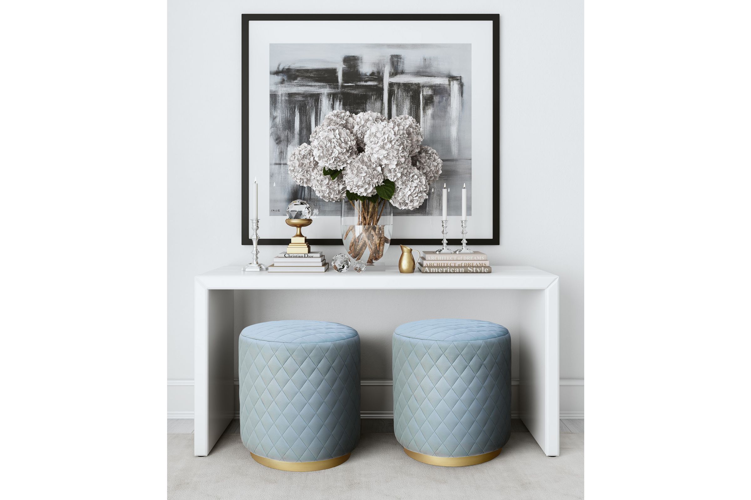 Abir Light Blue Velvet Ottoman