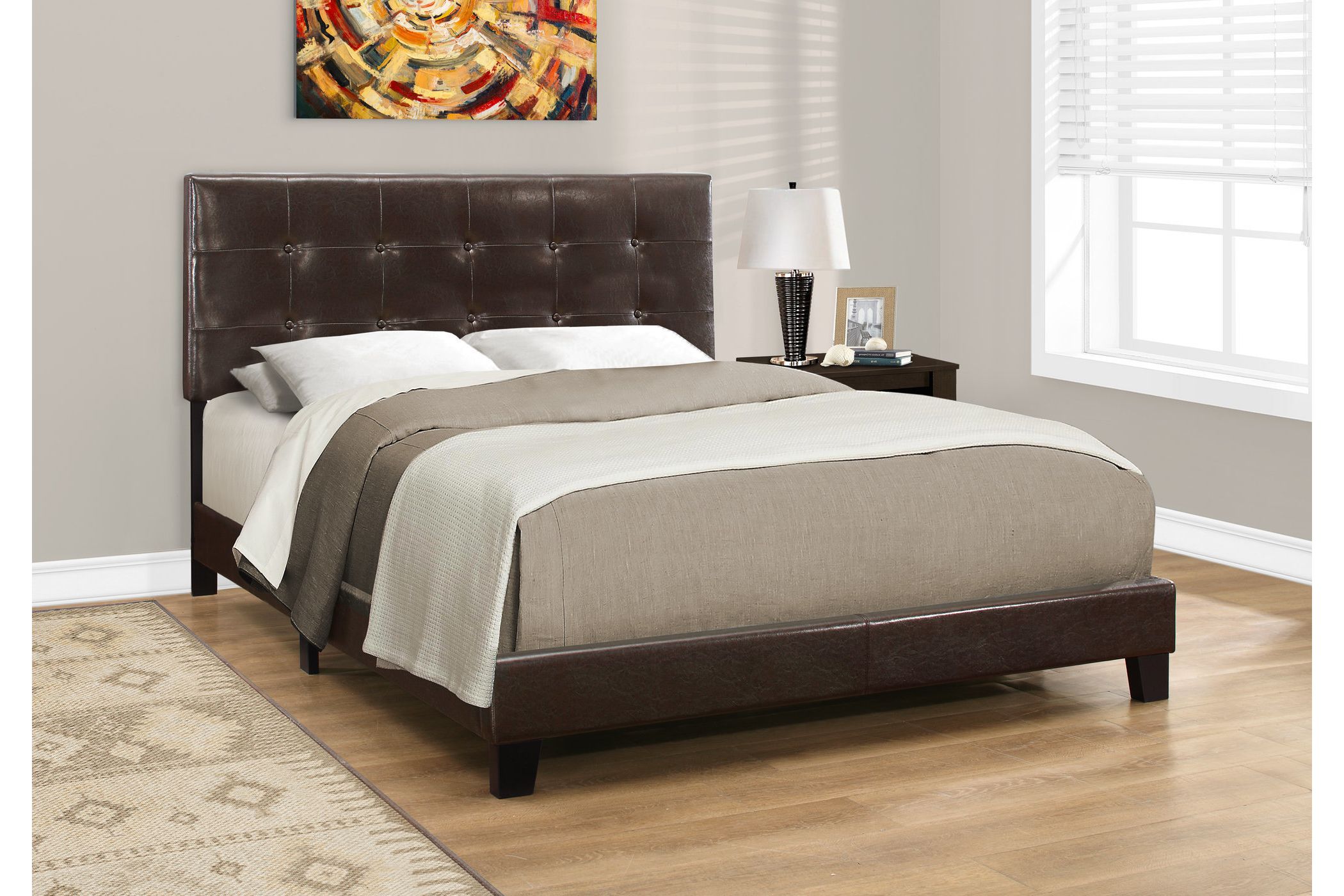 Bet Queen Bed, Silver Faux Leather Upholstery, LED, Crystal Accents, Brown By Casagear Home