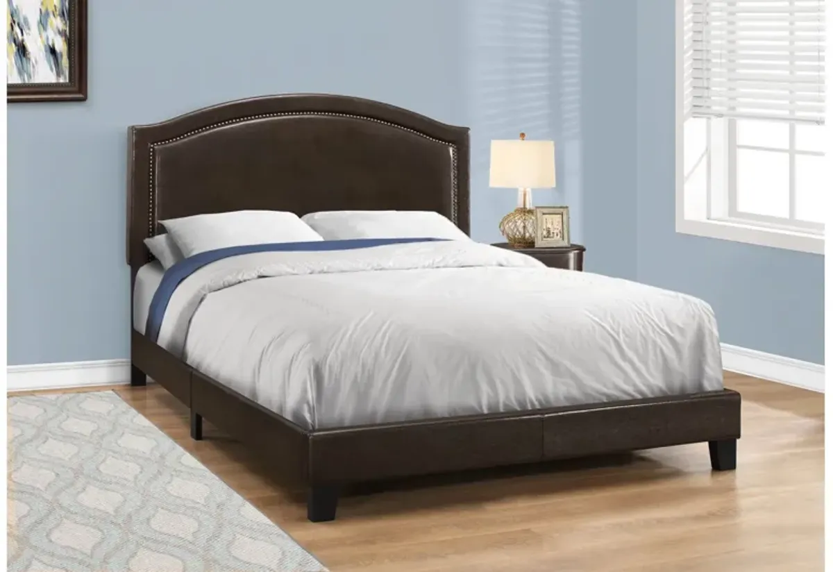 Bed - Queen Size / Brown Leather-Look With Brass Trim