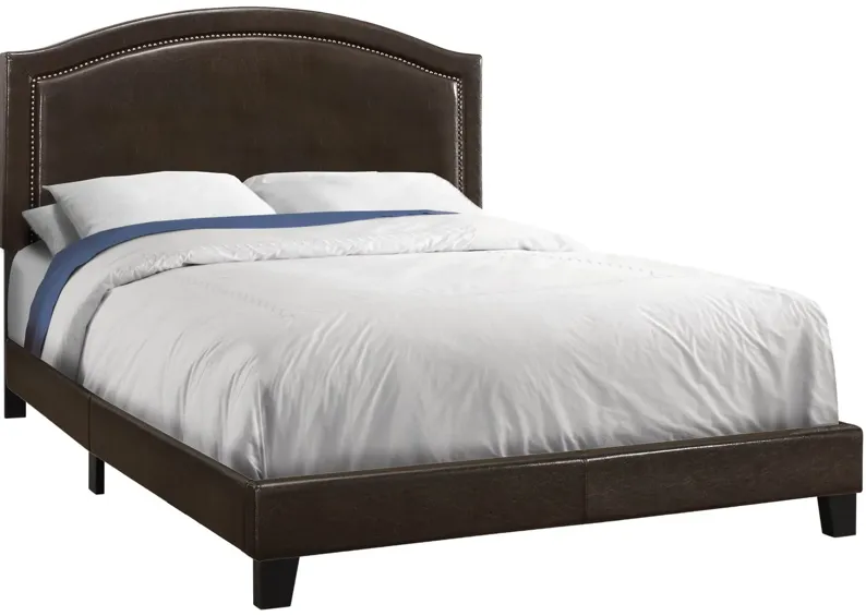 Bed - Queen Size / Brown Leather-Look With Brass Trim