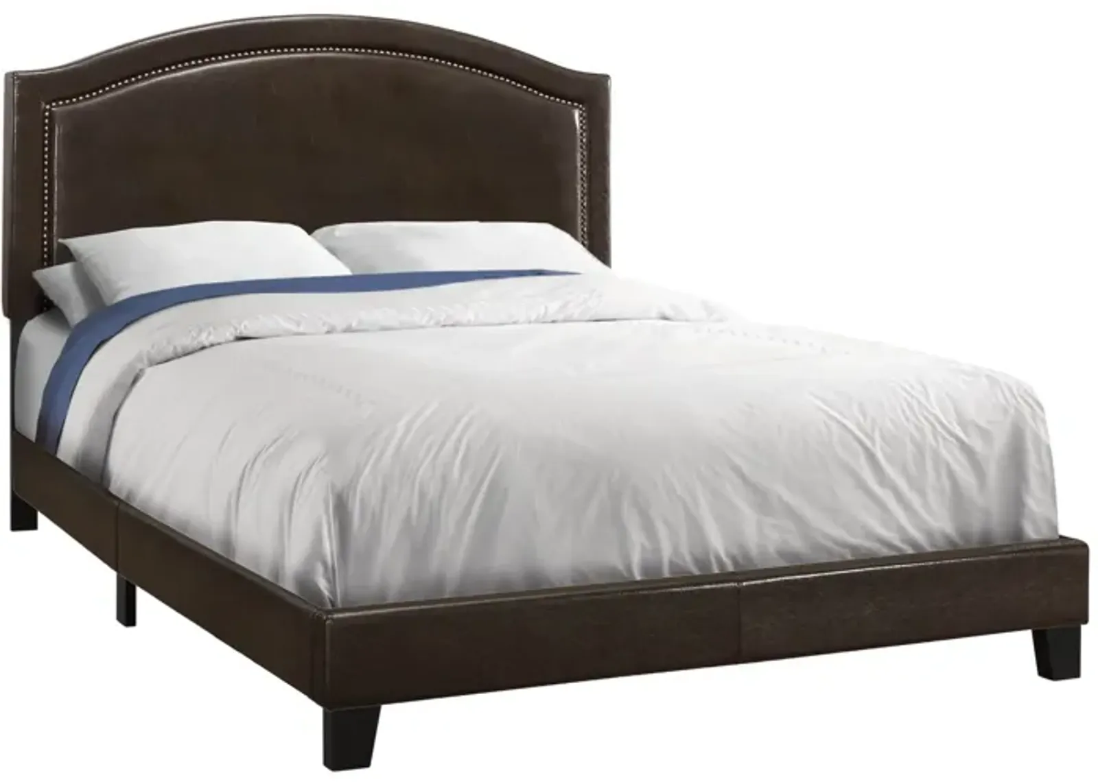 Bed - Queen Size / Brown Leather-Look With Brass Trim