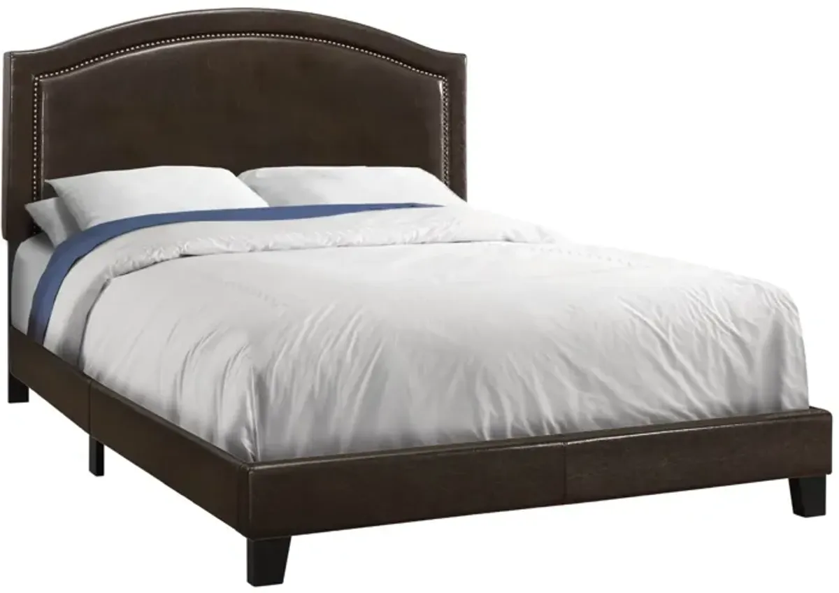 Bed - Queen Size / Brown Leather-Look With Brass Trim