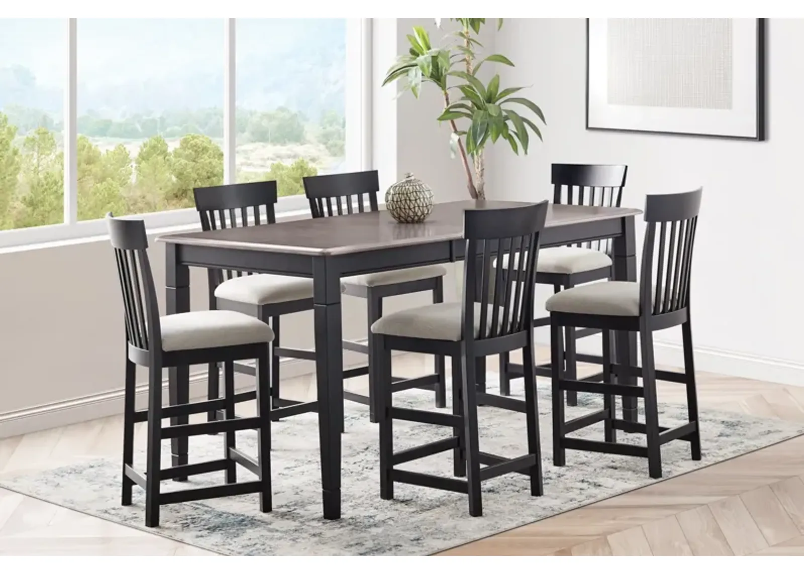 Anni Gathering Table with Driftwood Finish + 6 Upholstered Stools by Gascho