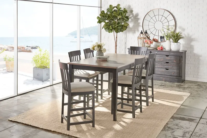 Anni Solid Maple Gathering Table with Driftwood Finish + 6 Upholstered Stools by Gascho