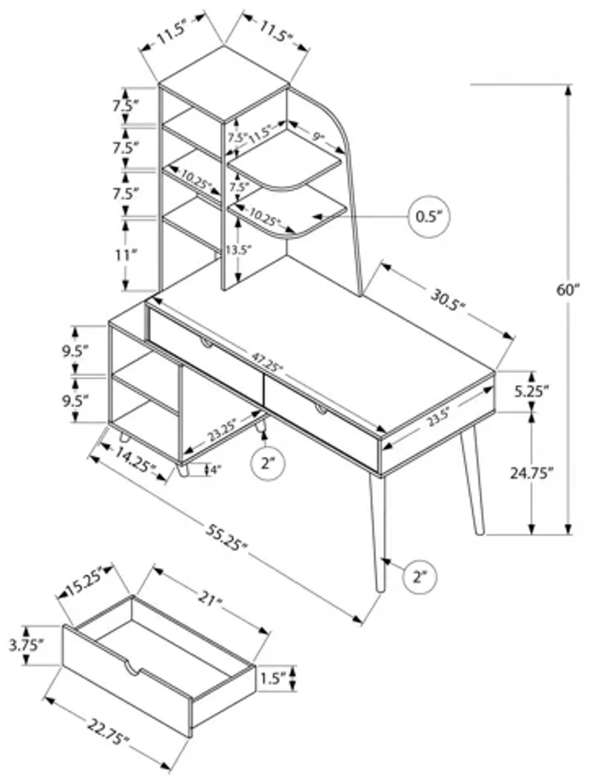 Kestrell 55" Grey Computer Desk with Bookcase