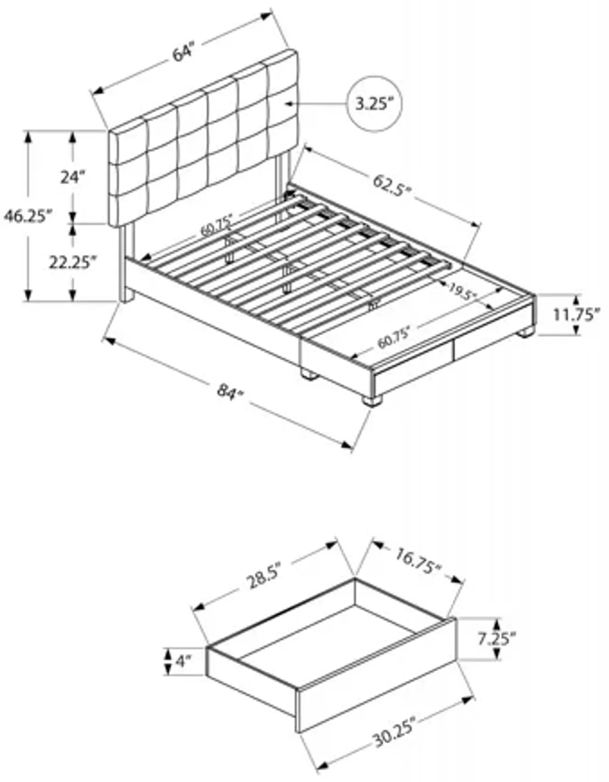 Bed - Queen Size / Grey Linen With 2 Storage Drawers