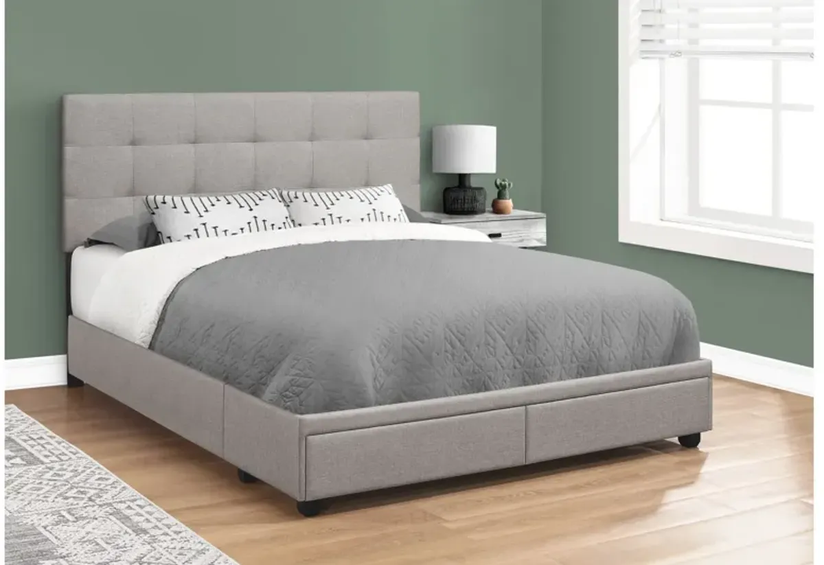 Bed - Queen Size / Grey Linen With 2 Storage Drawers