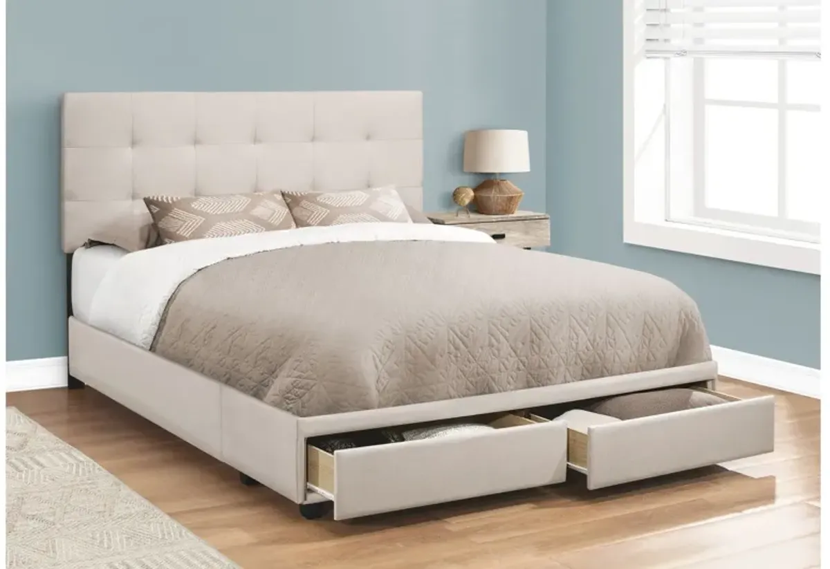 Bed - Queen Size / Beige Linen With 2 Storage Drawers