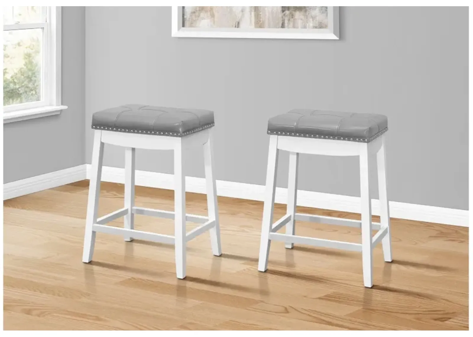 Barstool - 2Pcs / 24"H / Grey Leather-Look / White