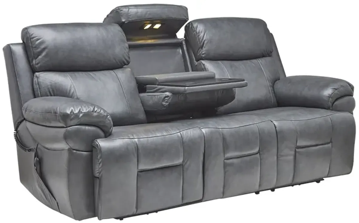 Vega Leather Triple Power Reclining Sofa with Drop Down Table, Heat & Massage