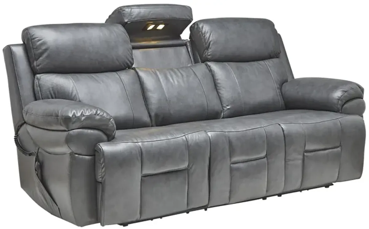 Vega Leather Triple Power Reclining Sofa with Drop Down Table, Heat & Massage