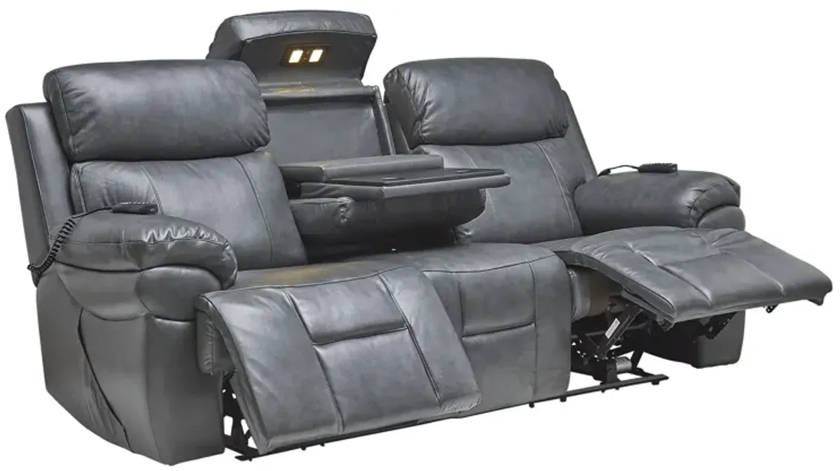 Vega Leather Triple Power Reclining Sofa with Drop Down Table, Heat & Massage