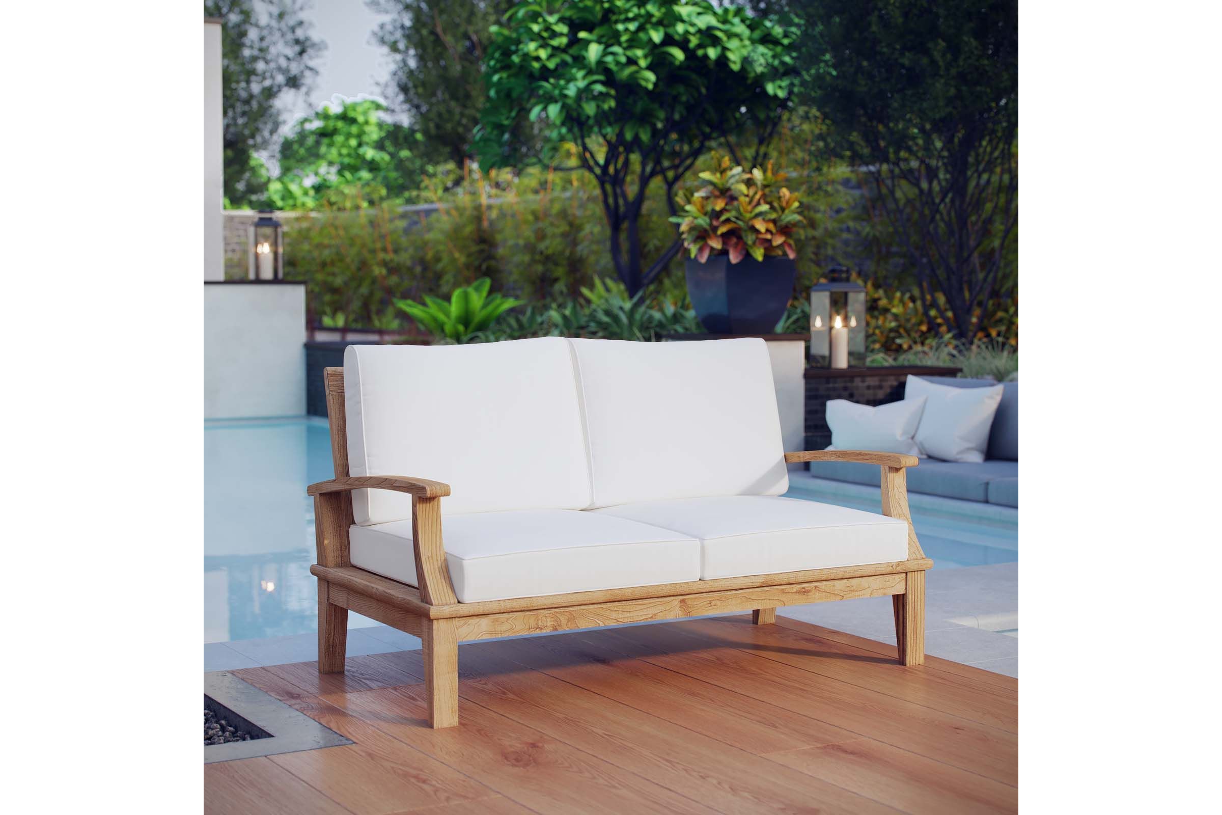 Marina Outdoor Patio Teak Loveseat in Natural White