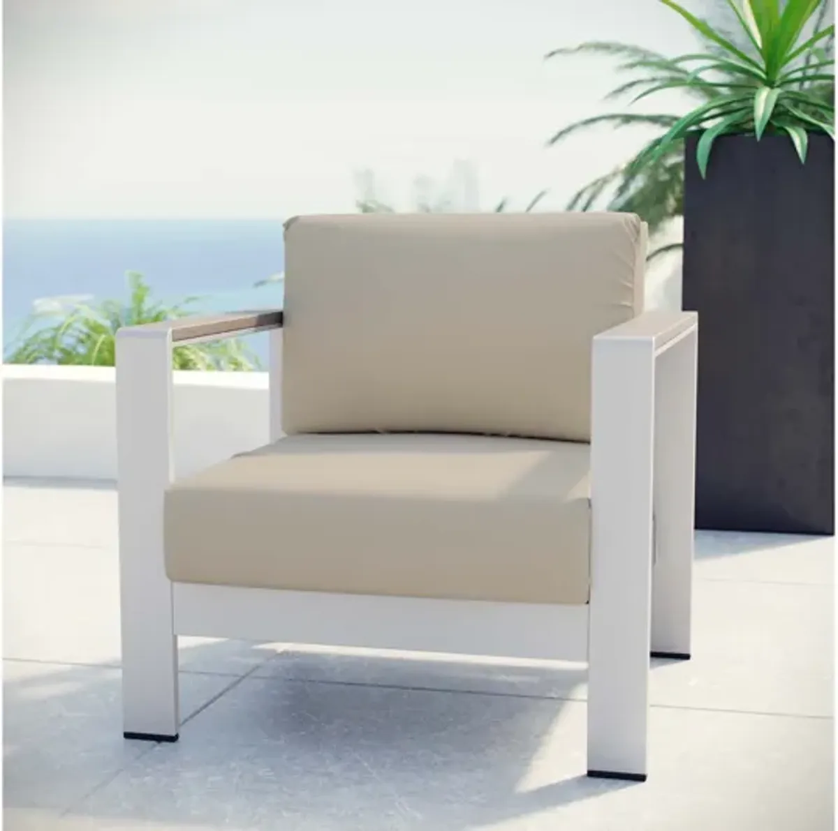 Shore Outdoor Patio Aluminum Armchair in Silver Beige