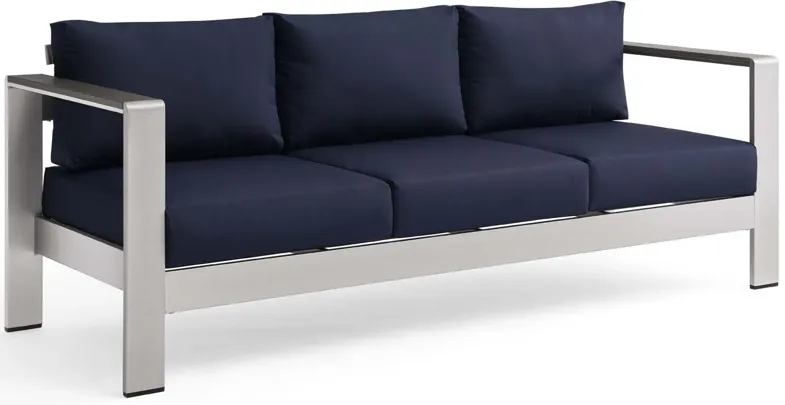 Shore Outdoor Patio Aluminum Sofa in Silver Navy