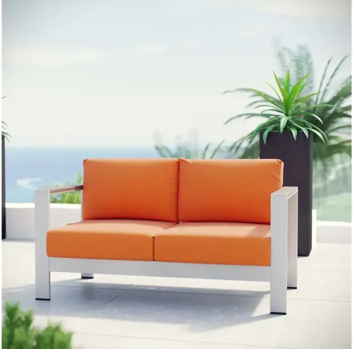 Shore Outdoor Patio Aluminum Loveseat in Silver Orange