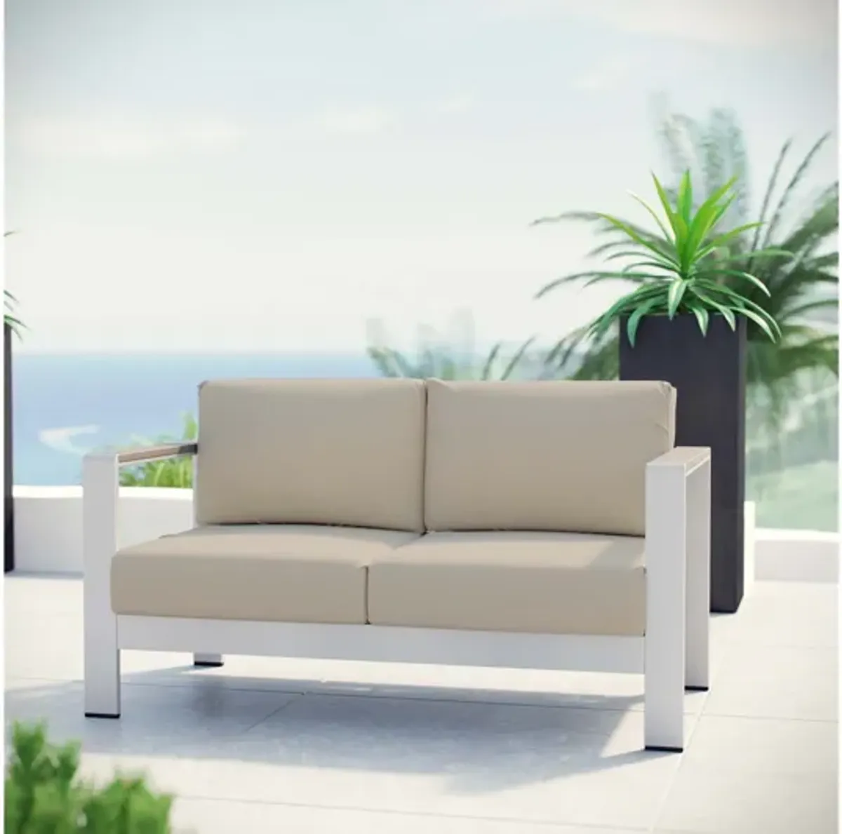 Shore Outdoor Patio Aluminum Loveseat in Silver Beige