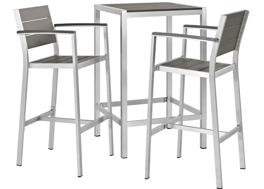 Shore 3 Piece Outdoor Patio Aluminum Pub Set in Silver Gray