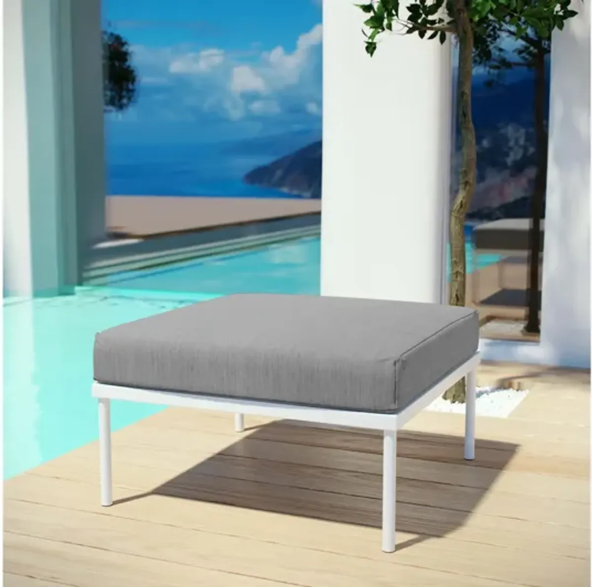 Harmony Outdoor Patio Aluminum Ottoman in White Gray