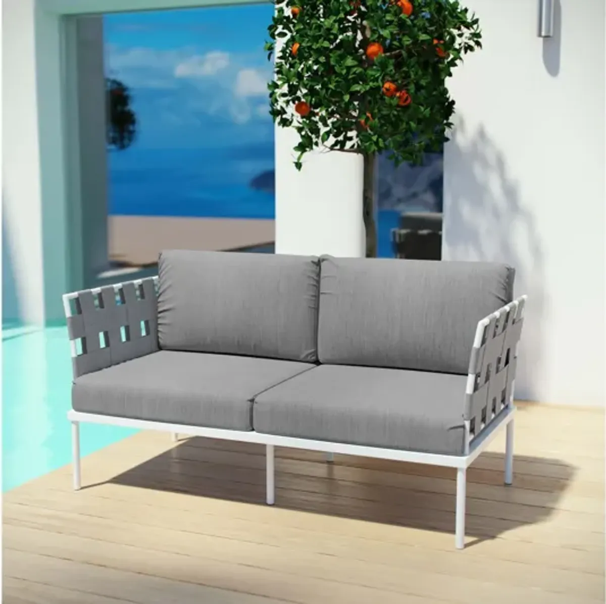 Harmony Outdoor Patio Aluminum Loveseat in White Gray