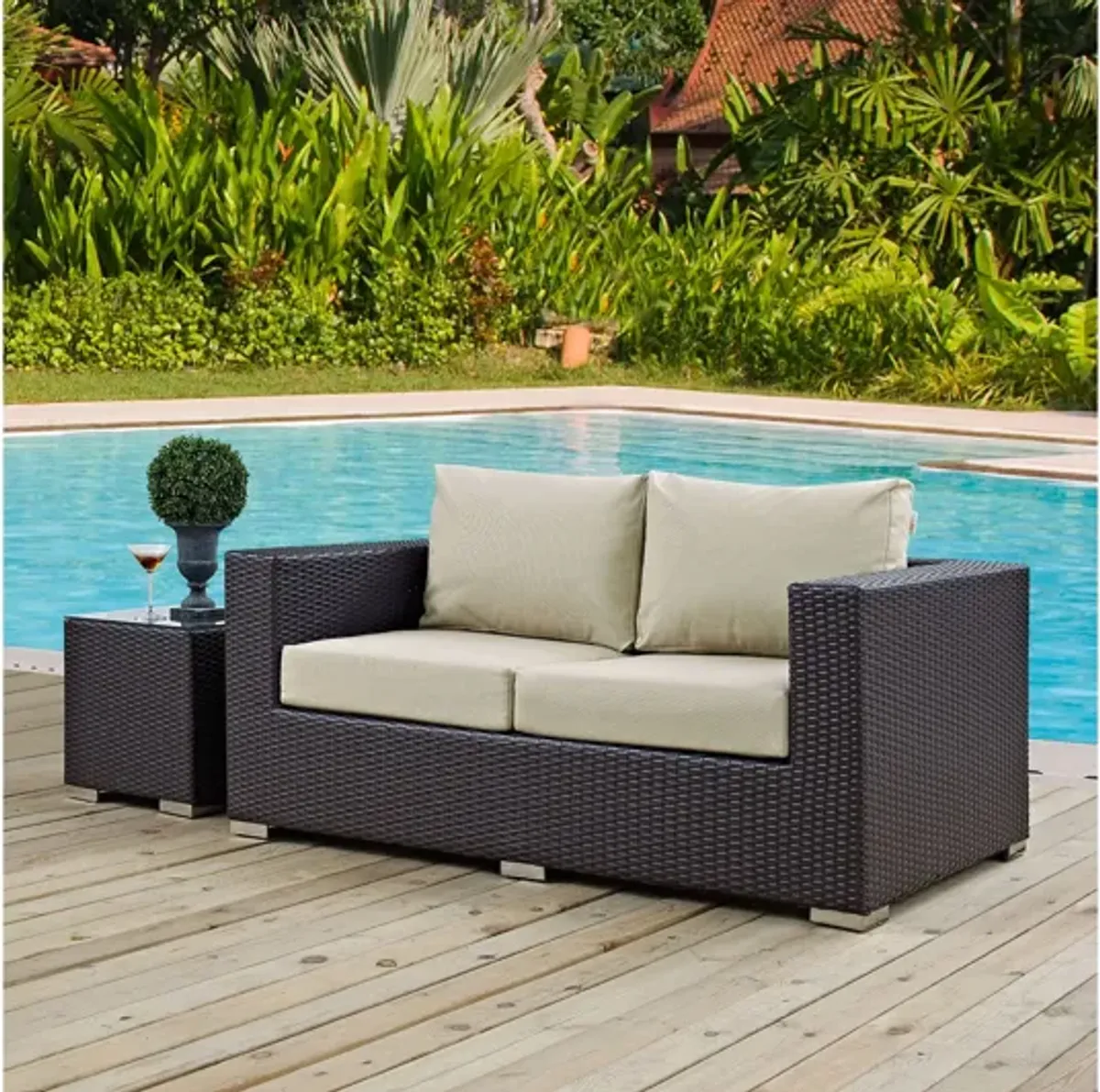 Convene Outdoor Patio Loveseat in Espresso Beige