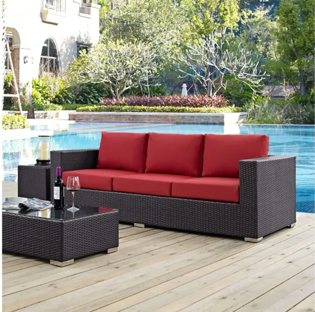 Convene Outdoor Patio Sofa in Espresso Red