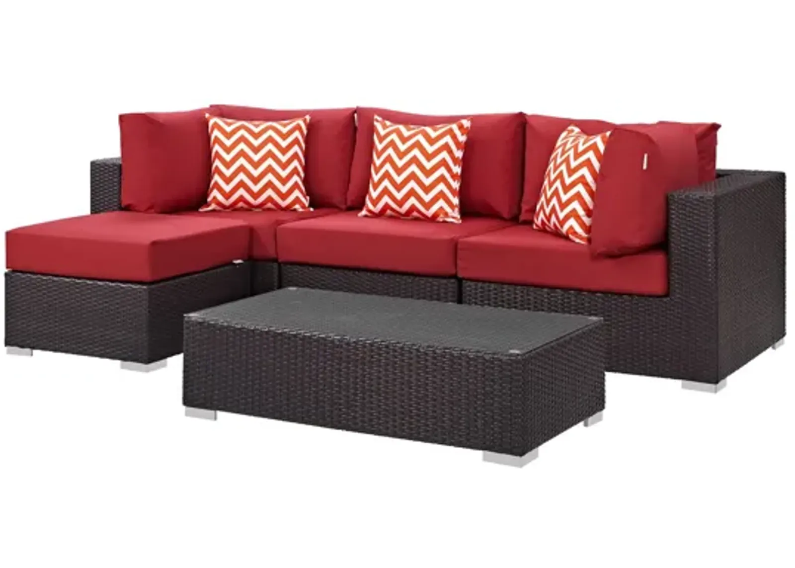 Convene 5 Piece Outdoor Patio Sectional Set in Espresso Red