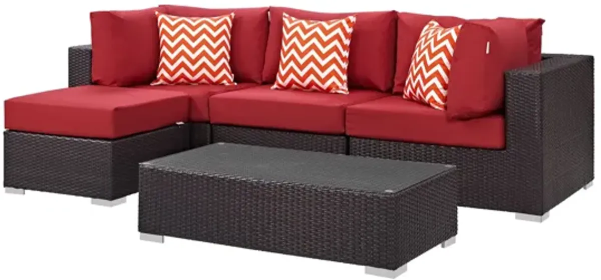 Convene 5 Piece Outdoor Patio Sectional Set in Espresso Red