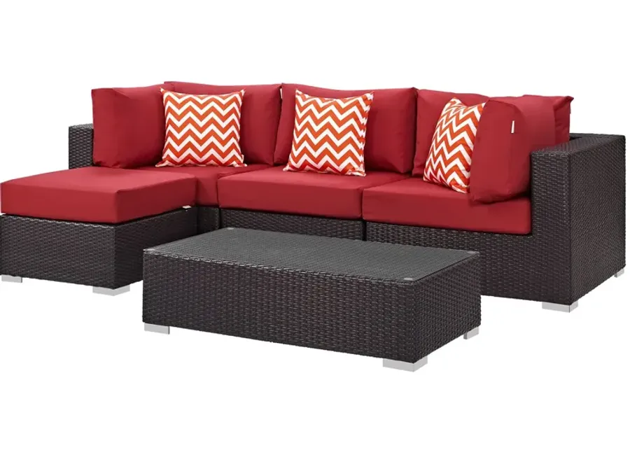 Convene 5 Piece Outdoor Patio Sectional Set in Espresso Red