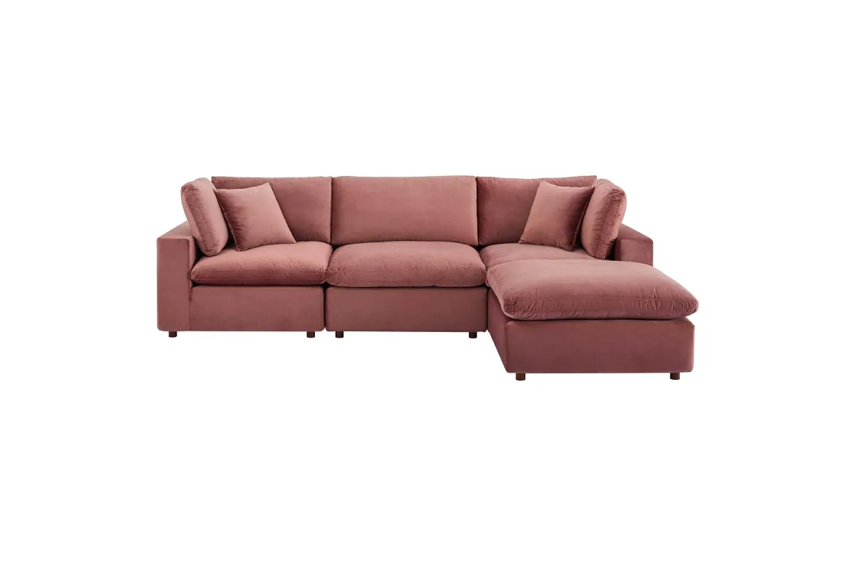 Commix Down Filled Overstuffed Performance Velvet 4-Piece Sectional in Dusty Rose