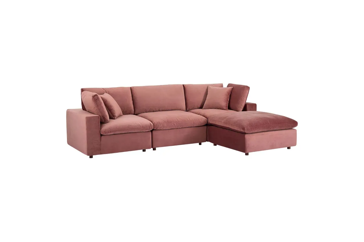 Commix Down Filled Overstuffed Performance Velvet 4-Piece Sectional in Dusty Rose