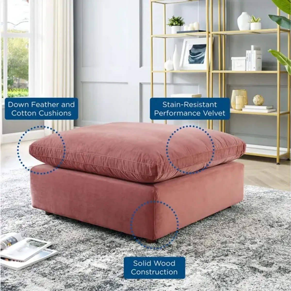 Commix Down Filled Overstuffed Performance Velvet Ottoman in Dusty Rose