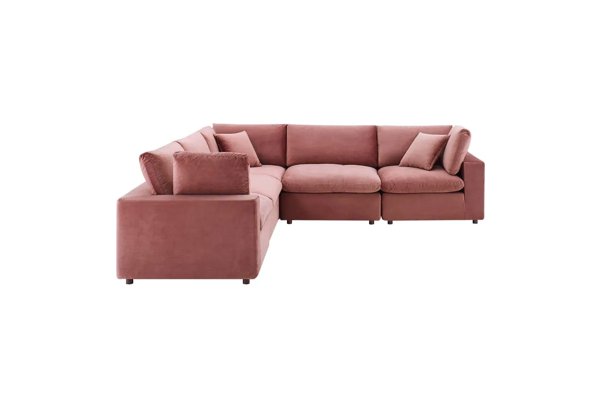 Commix Down Filled Overstuffed Performance Velvet 5-Piece Sectional Sofa in Dusty Rose