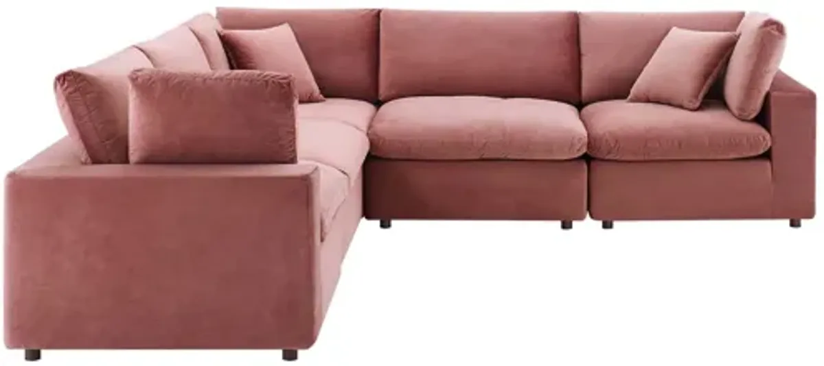 Commix Down Filled Overstuffed Performance Velvet 5-Piece Sectional Sofa in Dusty Rose