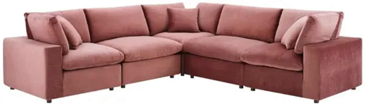 Commix Down Filled Overstuffed Performance Velvet 5-Piece Sectional Sofa in Dusty Rose