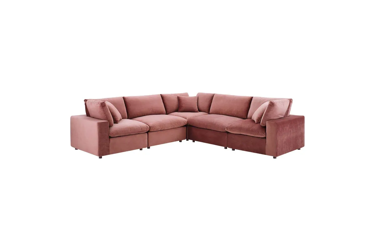 Commix Down Filled Overstuffed Performance Velvet 5-Piece Sectional Sofa in Dusty Rose