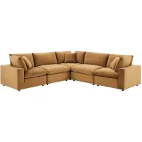 Commix Down Filled Overstuffed Performance Velvet 5-Piece Sectional in Cognac