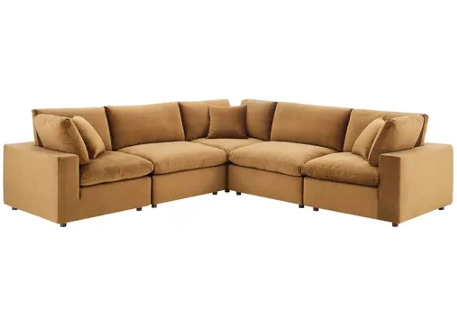 Commix Down Filled Overstuffed Performance Velvet 5-Piece Sectional in Cognac