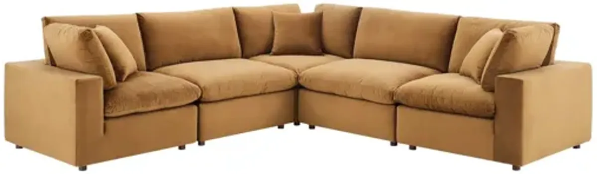 Commix Down Filled Overstuffed Performance Velvet 5-Piece Sectional in Cognac