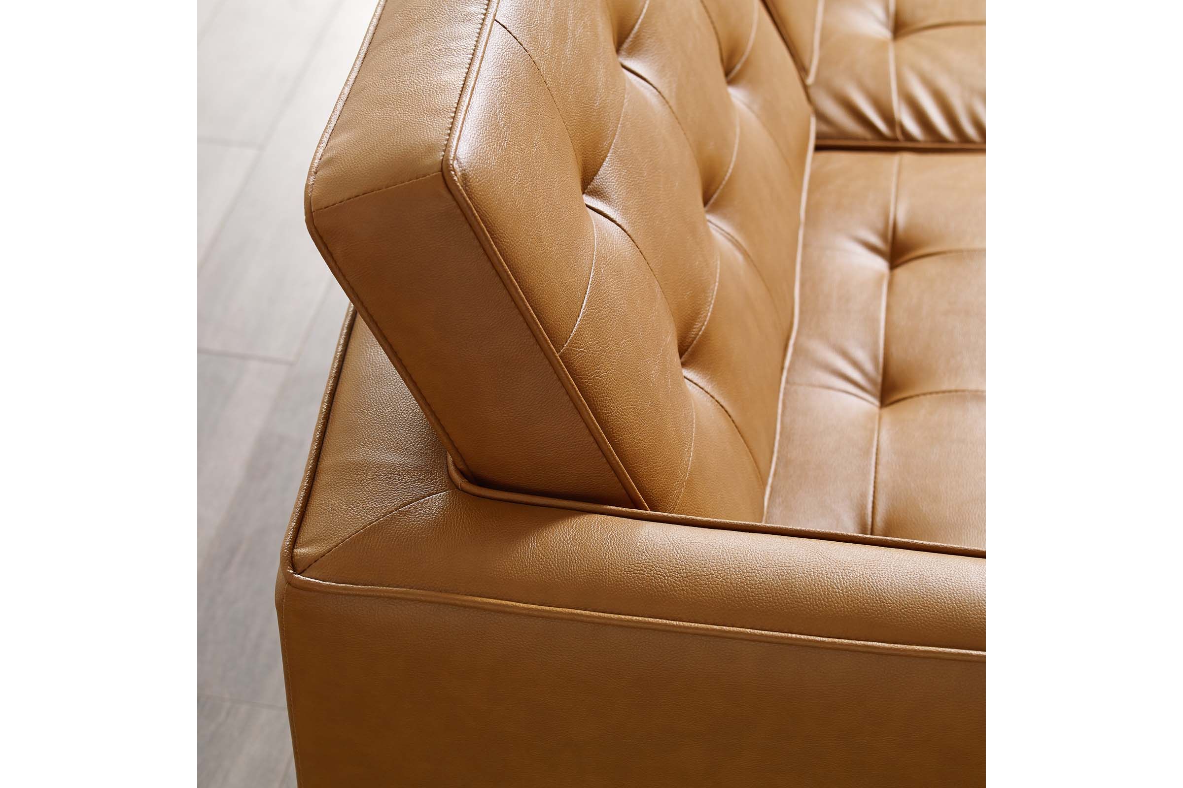 Loft Tufted Upholstered Faux Leather Sofa in Silver Tan