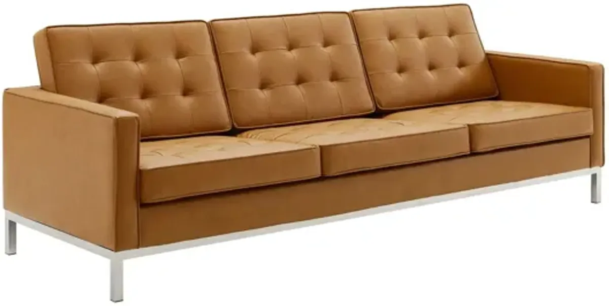 Loft Tufted Upholstered Faux Leather Sofa in Silver Tan