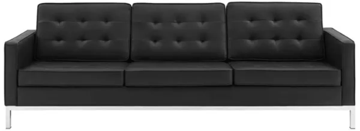 Loft Tufted Upholstered Faux Leather Sofa in Silver Black