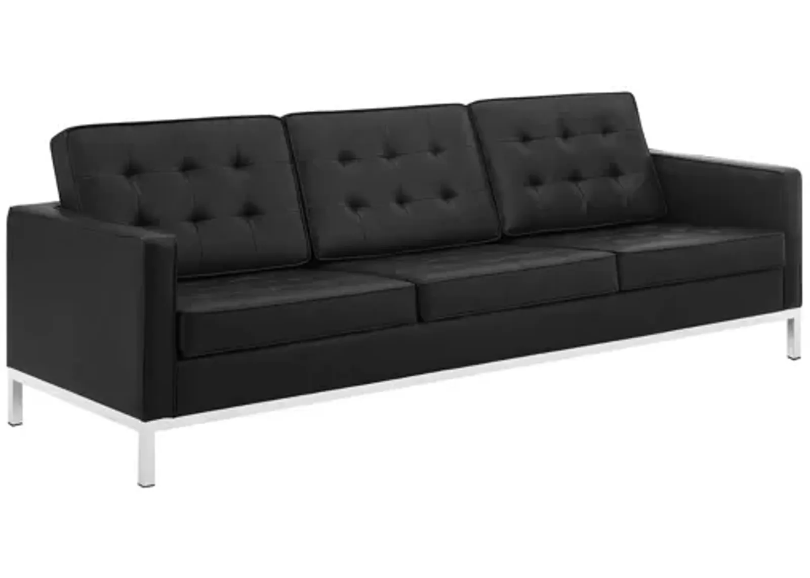 Loft Tufted Upholstered Faux Leather Sofa in Silver Black